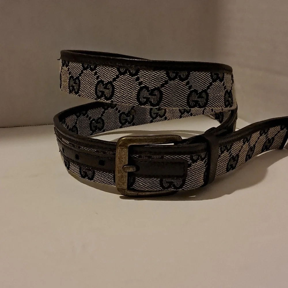 Gucci Canvas Leather Trimmed Belt Brass Buckle Size 38 Luxury Classic Preowned